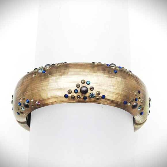 ALEXIS BITTAR EUC Brown Lucite & Multi Color Crystals Hinged Bangle Bracelet - Picture 2 of 7